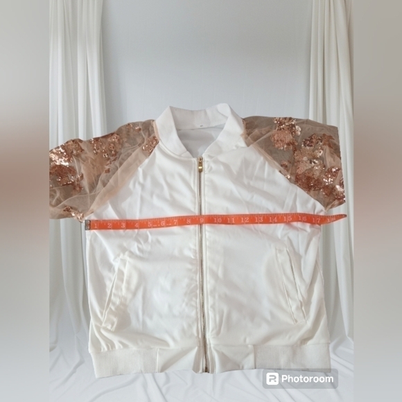 White Cropped Jacket Gold Zipper Mesh Long Sleeves XL - Picture 3 of 13